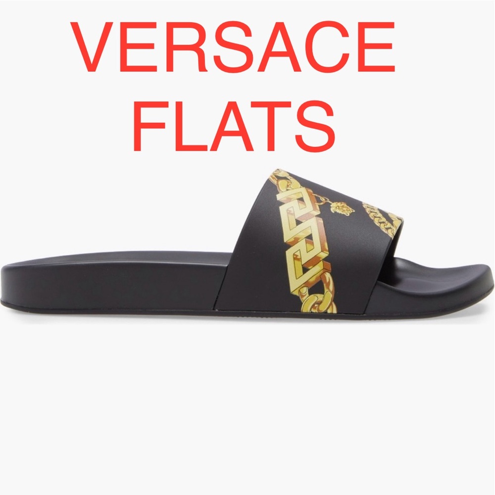 VERSACE Medusa Charms Twist & Wrap Slide “LA GRECA Chain Print - Black » Sandal.